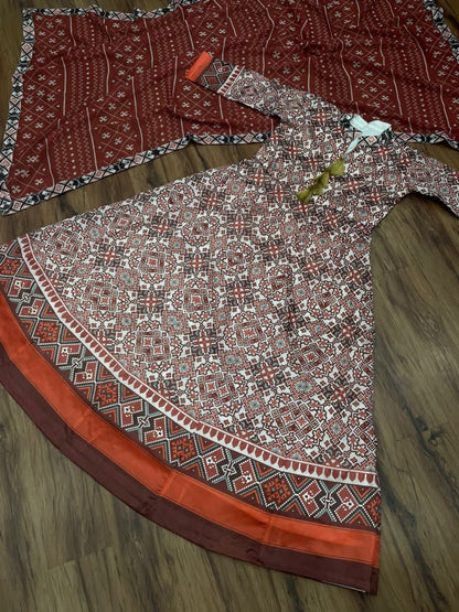 Groovy Brown Taffeta Silk Digital Printed Gown Dupatta For Women