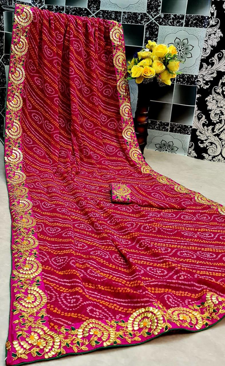 Rani Pink Color Printed Gotta Patti Lace Border Georgette Bandhej Designer Saree Blouse
