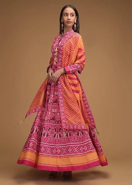 Unbelievable Pink Color Occasion Wear Digital Printed Taffeta Silk Design Gown Dupatta