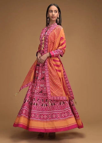 Unbelievable Pink Color Occasion Wear Digital Printed Taffeta Silk Design Gown Dupatta