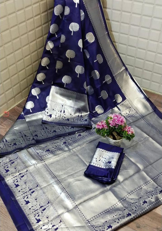 Wedding Wear Dark Blue Color All Over Weaving Zari Silver Rich Pallu Lichi Soft Silk Designer Saree Blouse