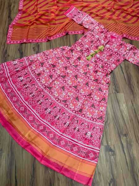 Unbelievable Pink Color Occasion Wear Digital Printed Taffeta Silk Design Gown Dupatta