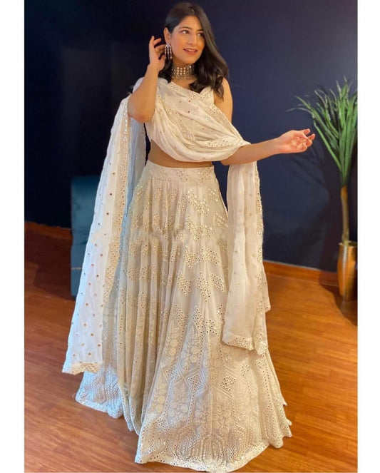 Prodigious White Color Sequence Work Georgette Function Wear Lehenga Choli