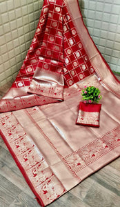 Red Color Fancy Silver Zari Weaving Border Lichi Silk Festive Wear Designer Saree Blouse