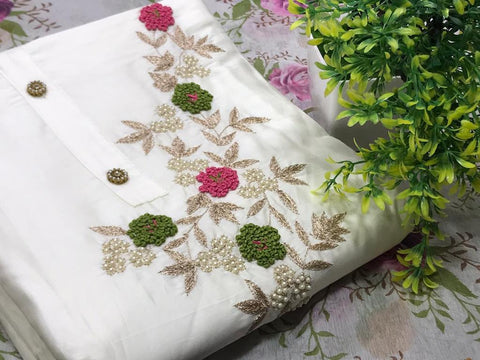 White Color Designer Khatli Work Cotton Salwar Suit