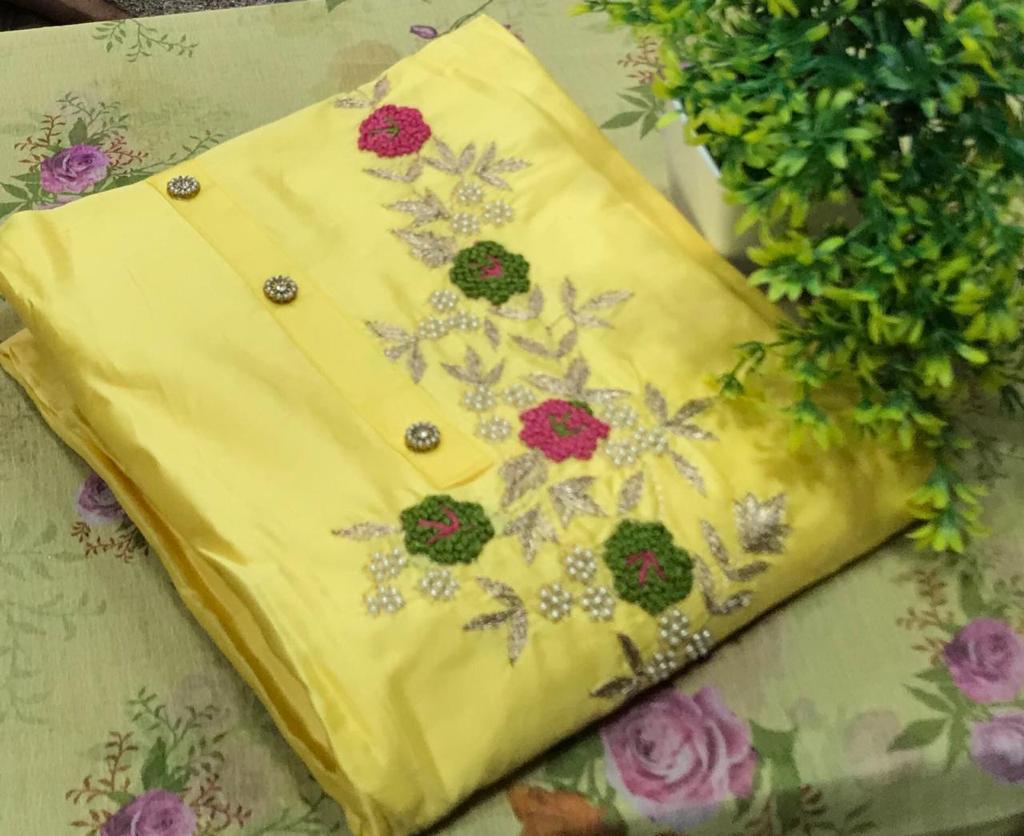 Yellow Color Khatli Work Cotton Casual Wear Salwar Suit
