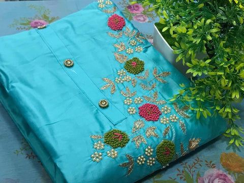 Sky Blue Color Khatli Work Party Wear Cotton Salwar Suit