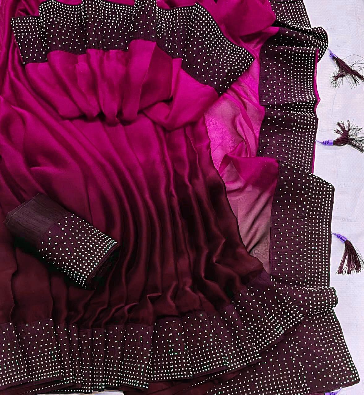 Rani Pink Color Machine Stone Diamond HB Work Satin Silk Designer Saree Blouse
