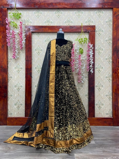 Novelty Black Color Velvet Wedding Wear Sequence Work Lehenga Choli