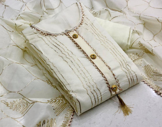 Cream Color Fancy Gotta Patti Chanderi Semi Modal Dress Material
