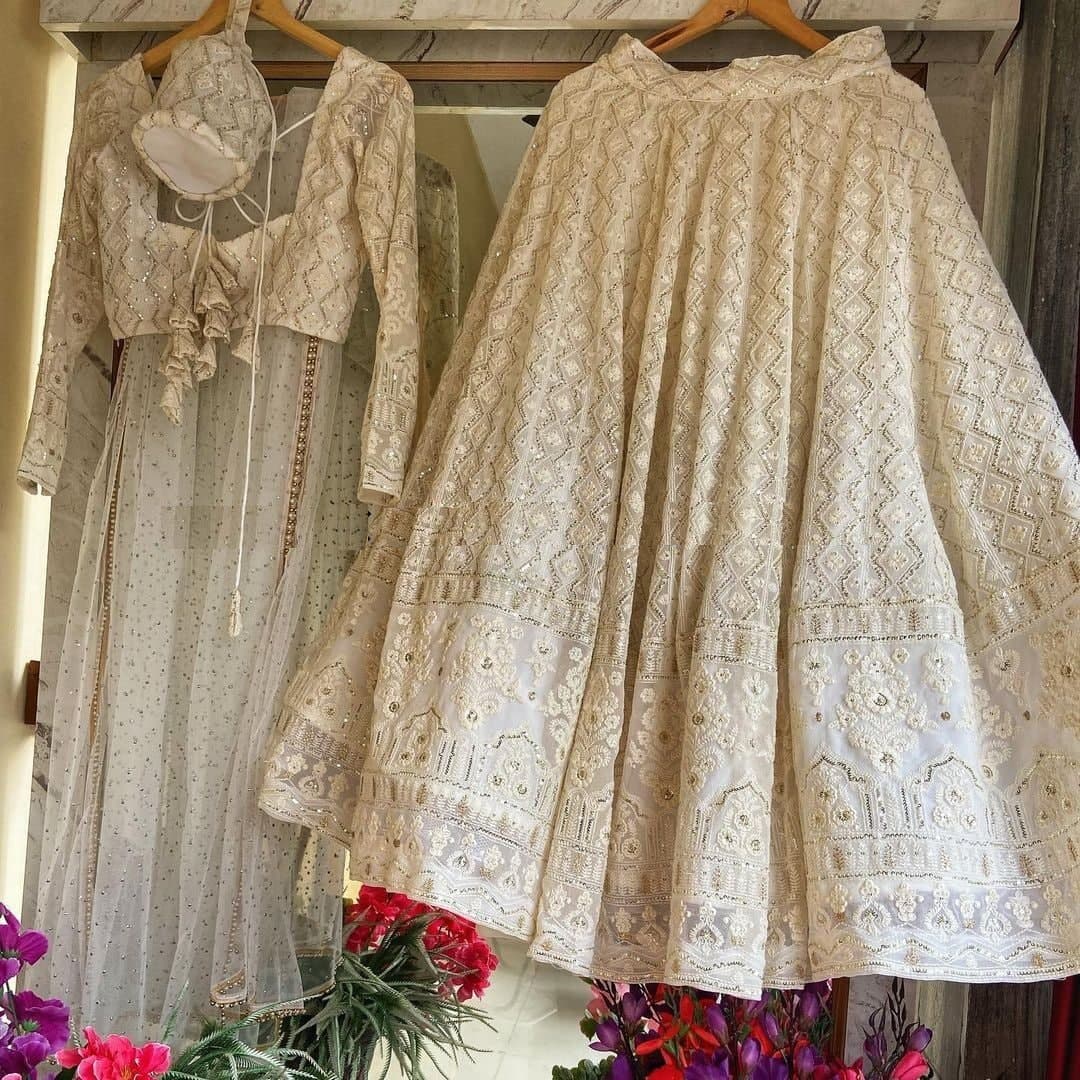 Phenomenal Off White Color Georgette Embroidered Work Lehenga Choli