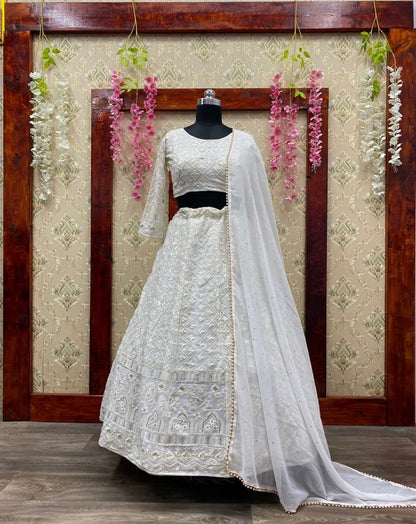 Phenomenal Off White Color Georgette Embroidered Work Lehenga Choli