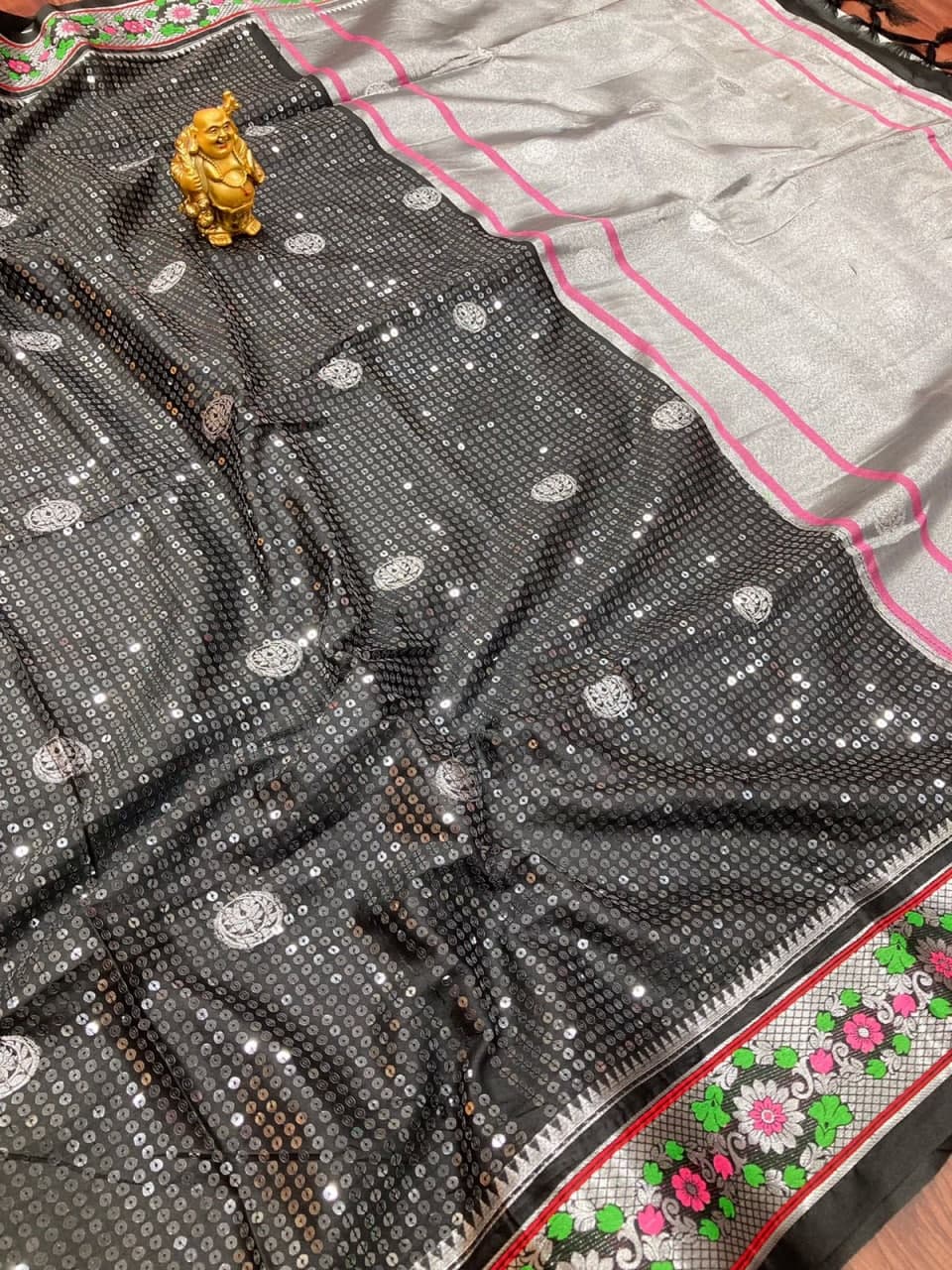 Breath-taking Grey Color Cotton Silk Party Wear Sequence Embroidered Work Saree Blouse