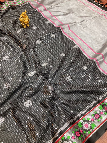 Breath-taking Grey Color Cotton Silk Party Wear Sequence Embroidered Work Saree Blouse