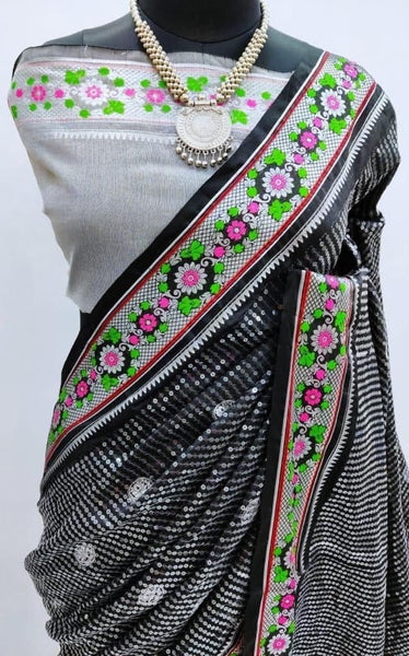 Breath-taking Grey Color Cotton Silk Party Wear Sequence Embroidered Work Saree Blouse