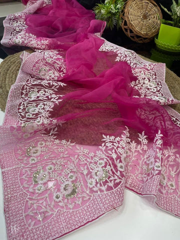 Artistic Rani Pink Color Organza Thread Work Running Wear Saree Blouse