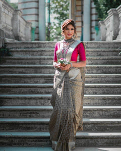 Grey Color Wedding Wear Kanchipuram Silk All Over Silver Zari Traditional Butta Work Designer Saree Blouse