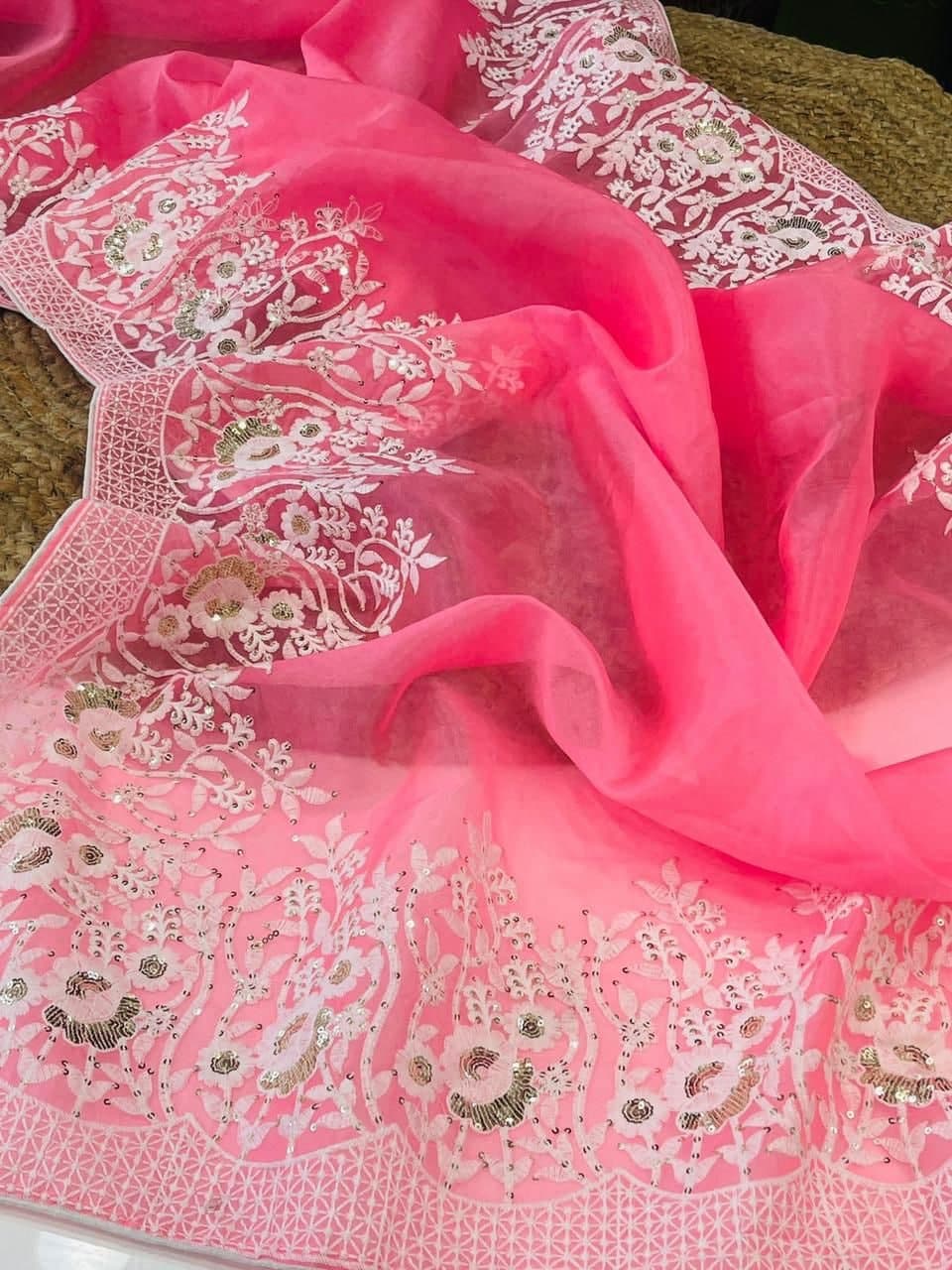 Dismaying Pink Color Running Wear Organza Sequence Work Saree Blouse