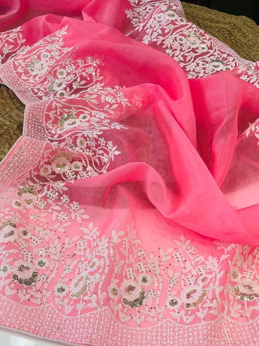 Dismaying Pink Color Running Wear Organza Sequence Work Saree Blouse
