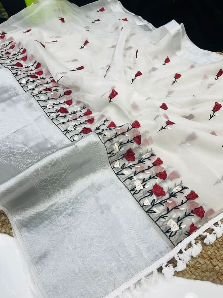 Fantastic White Color Organza Zari Weaving Wedding Wear Saree Blouse