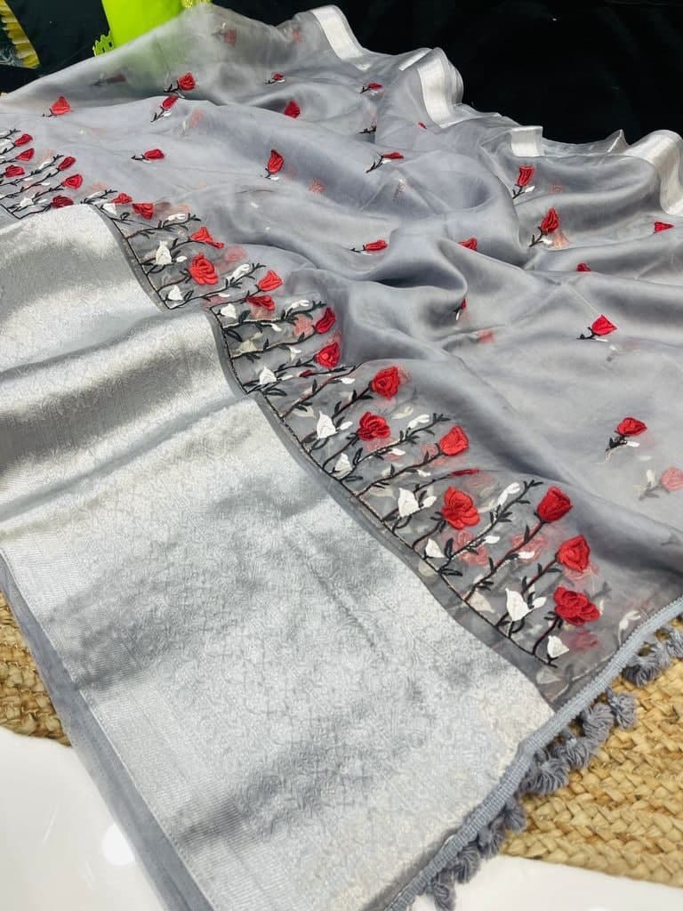 Dazzling Grey Color Embroidered Zari Work Organza Saree Blouse