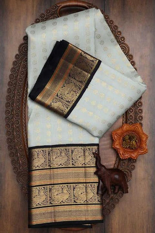 Grey Color Traditional Design Kanchipuram Silk Golden Zari Weaving Peacock Brocade Work Designer Saree Blouse