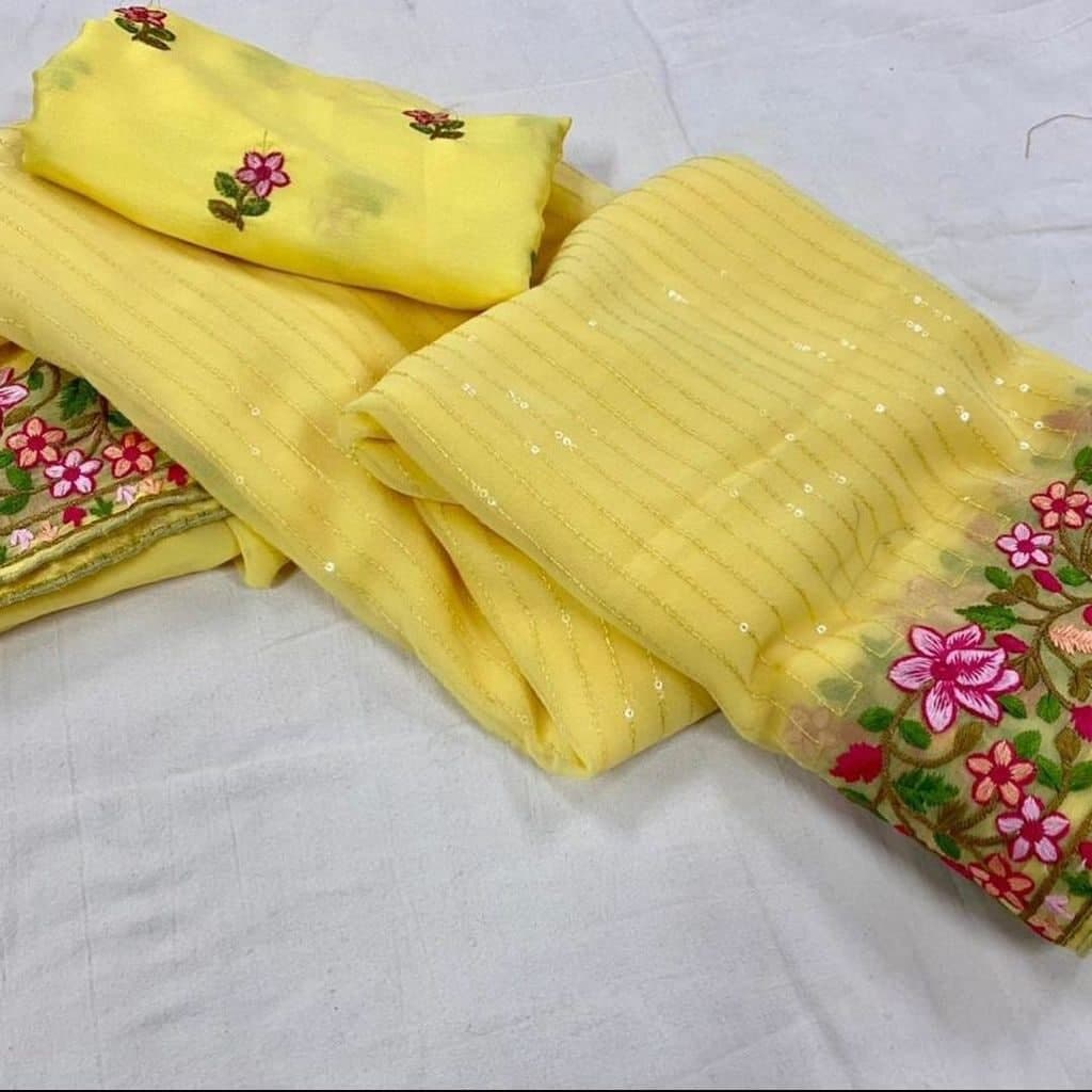 Beautiful Yellow Color Occasion Wear Georgette Multi Sequence Work Saree Blouse