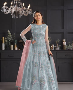 Prodigious Grey Color Bridal Wear Net Designer Embroidered Work Salwar Suit