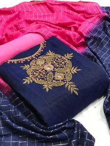 Navy Blue Color Chanderi Silk Designer Fancy Work Salwar Suit