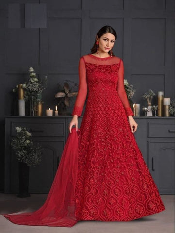 Classic Red Color Occasion Wear Net Embroidered Work Salwar Suit