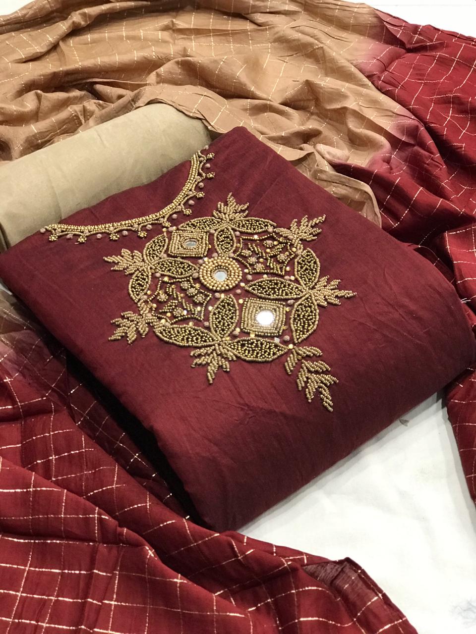 Maroon Color Occasion Wear Fancy Work Chanderi Silk Dress Material