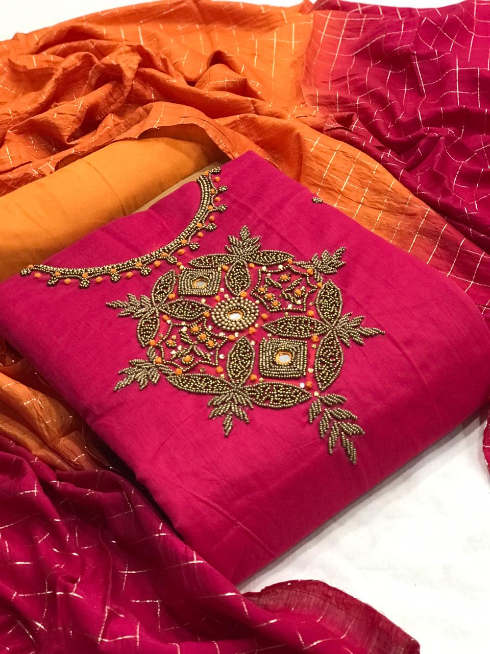 Rani Pink Color Festive Wear Fancy Work Chanderi Silk Salwar Suit