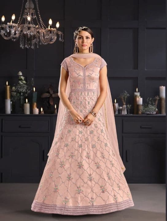 Engrossing Peach Color Net Design Embroidered Work Salwar Suit For Ladies