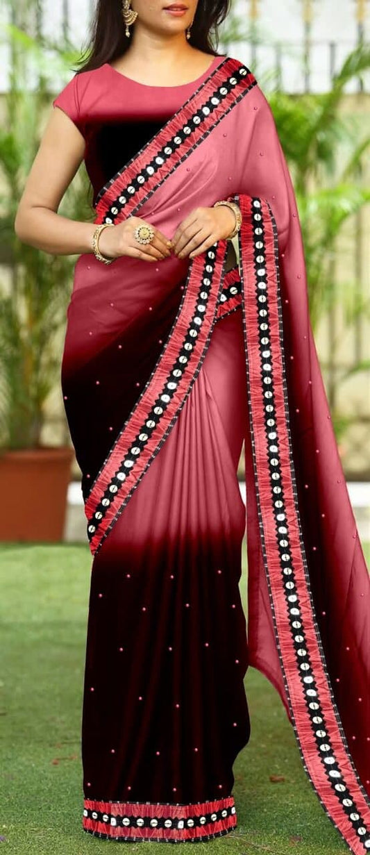 Fashionable Pink Color Lace Work Georgette Wedding Wear Saree Blouse