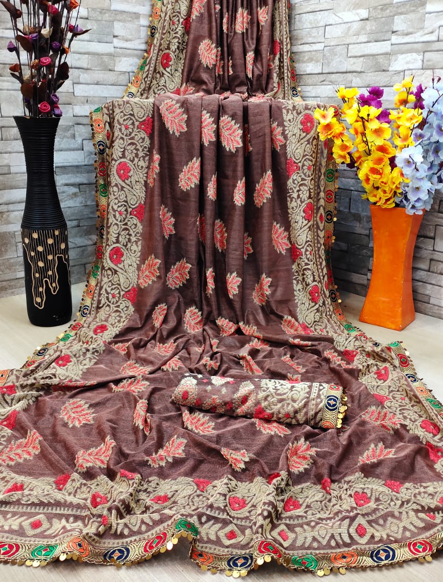 Brown Color Occasion Wear Silk Jacquard Designer Sequence Lace Border Designer Saree Blouse