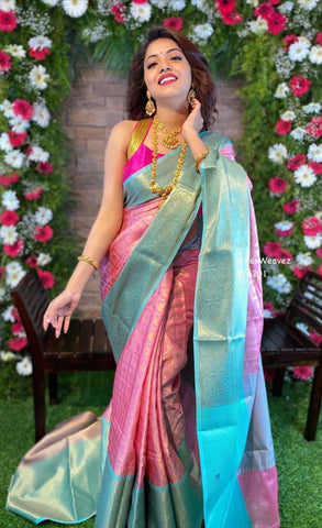 Party Wear Pink Color Fancy All Over Jacquard Work Silk Lichi Design Designer Saree Blouse