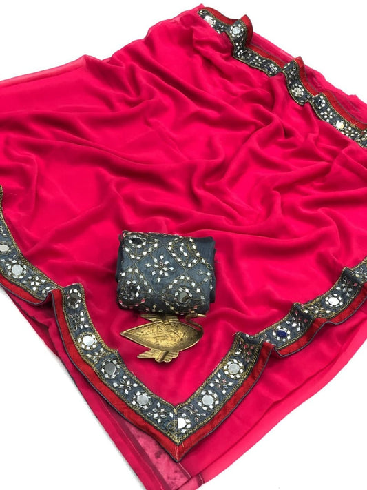Dismaying Rani Pink Color Embroidered Work Casual Wear Georgette Saree Blouse