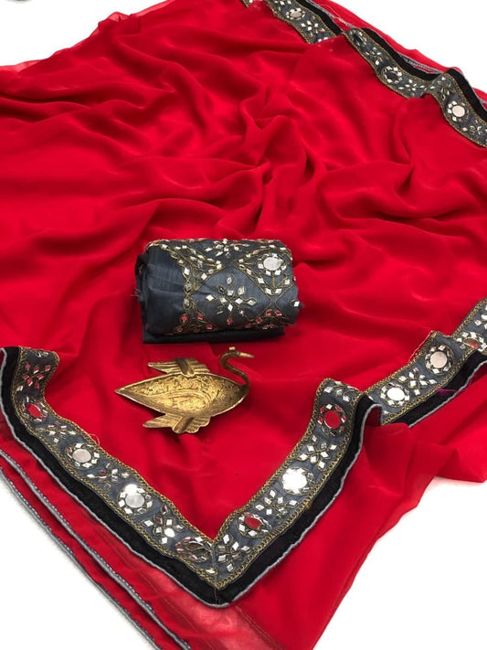 Good-looking Red Color Georgette Mirror Work Saree Blouse For Women