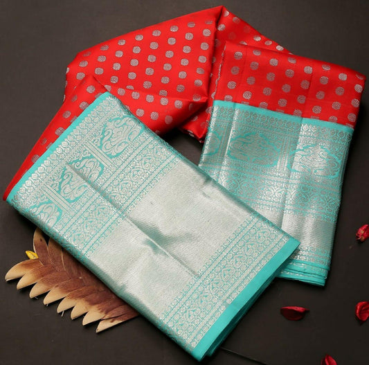 Red Color Daily Wear Lichi Silk Fancy All Over Jacquard Work Designer Saree Blouse
