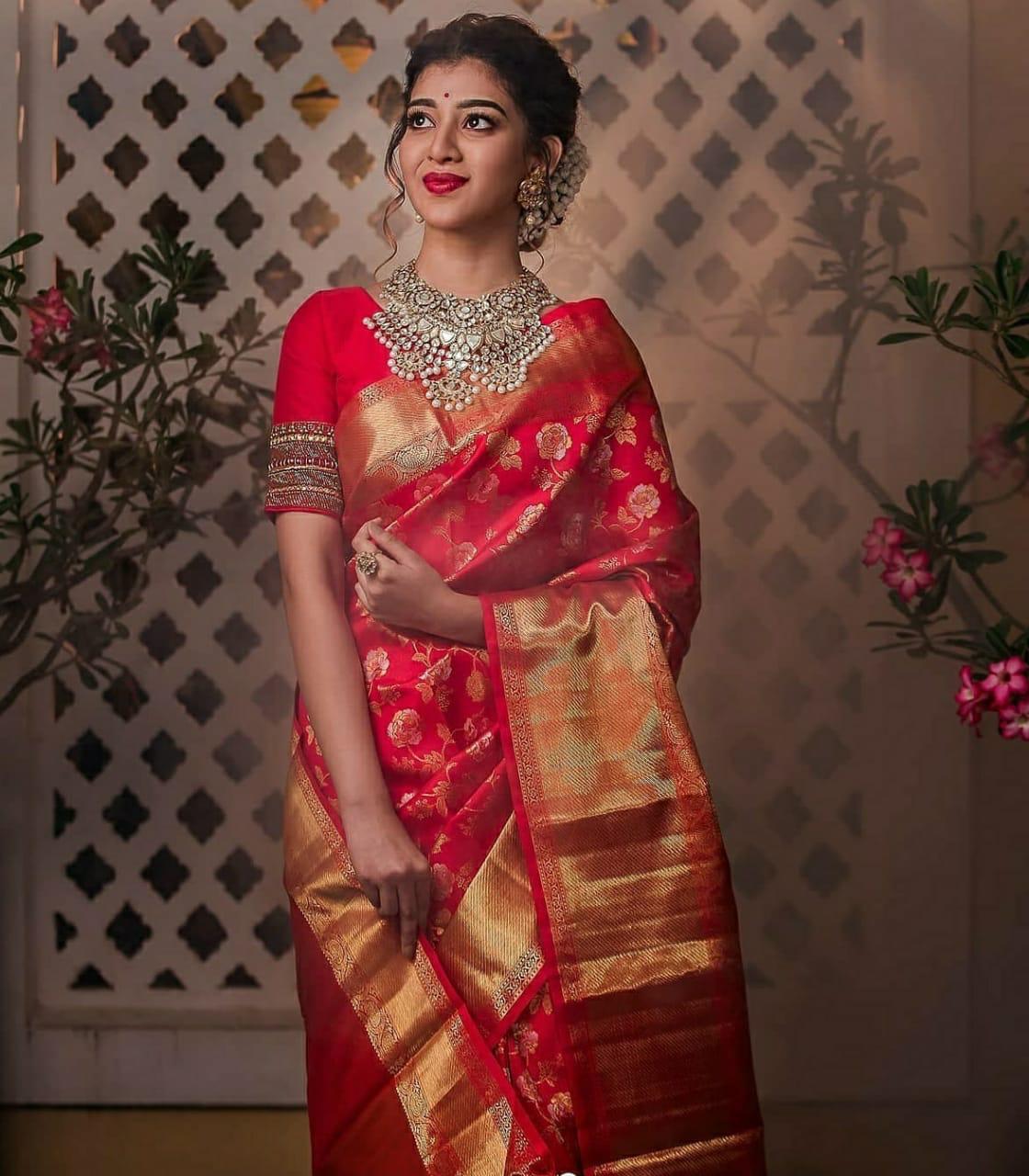 Red Color Fancy Silk Lichi Jacquard All Over Designer Work Festive Wear Designer Saree Blouse