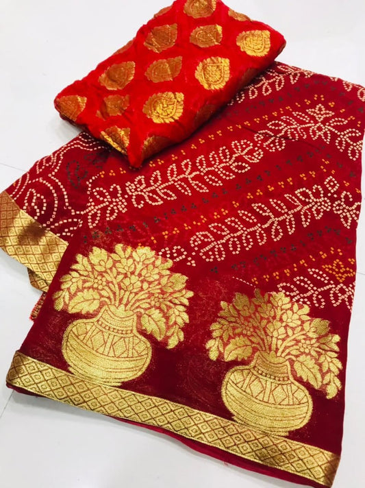 Dismaying Red Color Festive Wear Georgette Zari Weaving Printed Bandhani Saree Blouse