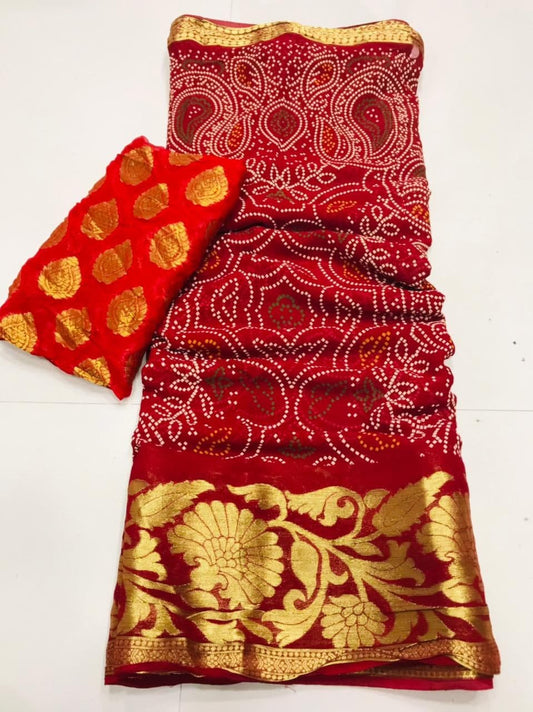 Prodigious Red Color Bandhani Printed Weaving Work Georgette Saree Blouse