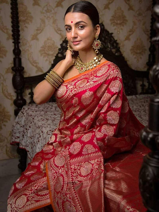 Festive Wear Red Color Silk Fancy Lichi Design Jacquard All Over Work Designer Saree Blouse