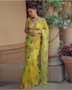 Unbelievable Yellow Color Silk Organza Printed Casual Wear Saree Blouse