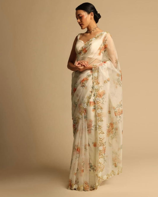 Thrilling Cream Color Organza Silk Digital Printed Wedding Wear Saree Blouse