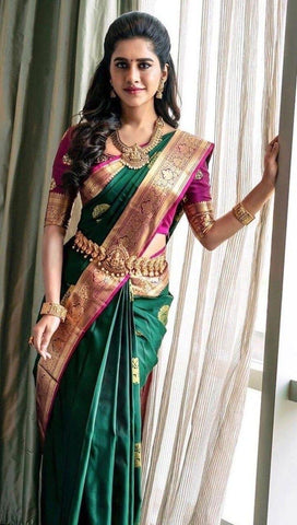 Rama Green Color Wedding Wear Lichi Silk Jacquard Fancy All Over Work Designer Saree Blouse