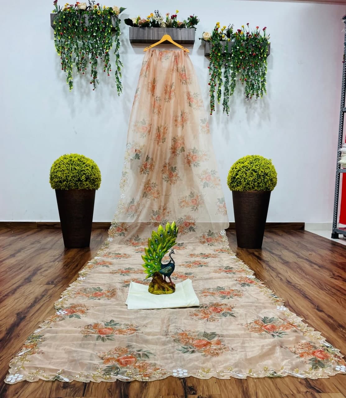 Thrilling Cream Color Organza Silk Digital Printed Wedding Wear Saree Blouse
