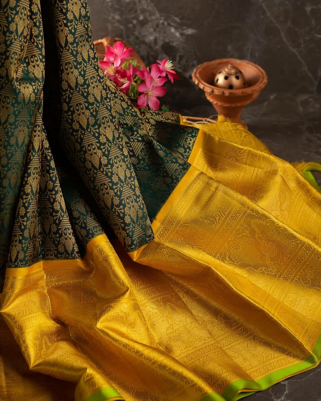 Dark Green Color Festival Wear Silk Lichi Jacquard All Over Work Designer Saree Blouse