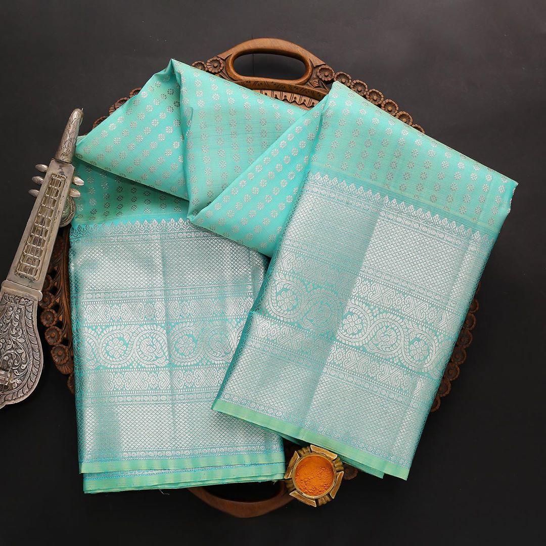 Light Blue Color Fancy Lichi Silk Party Wear Jacquard All Over Work Designer Saree Blouse