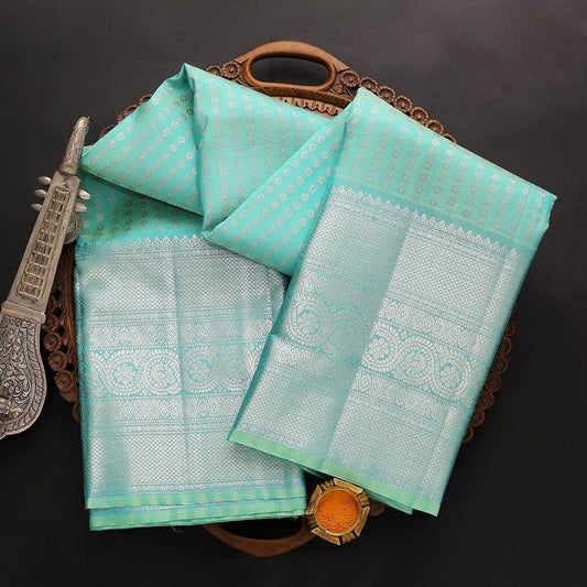 Light Blue Color Fancy Lichi Silk Party Wear Jacquard All Over Work Designer Saree Blouse